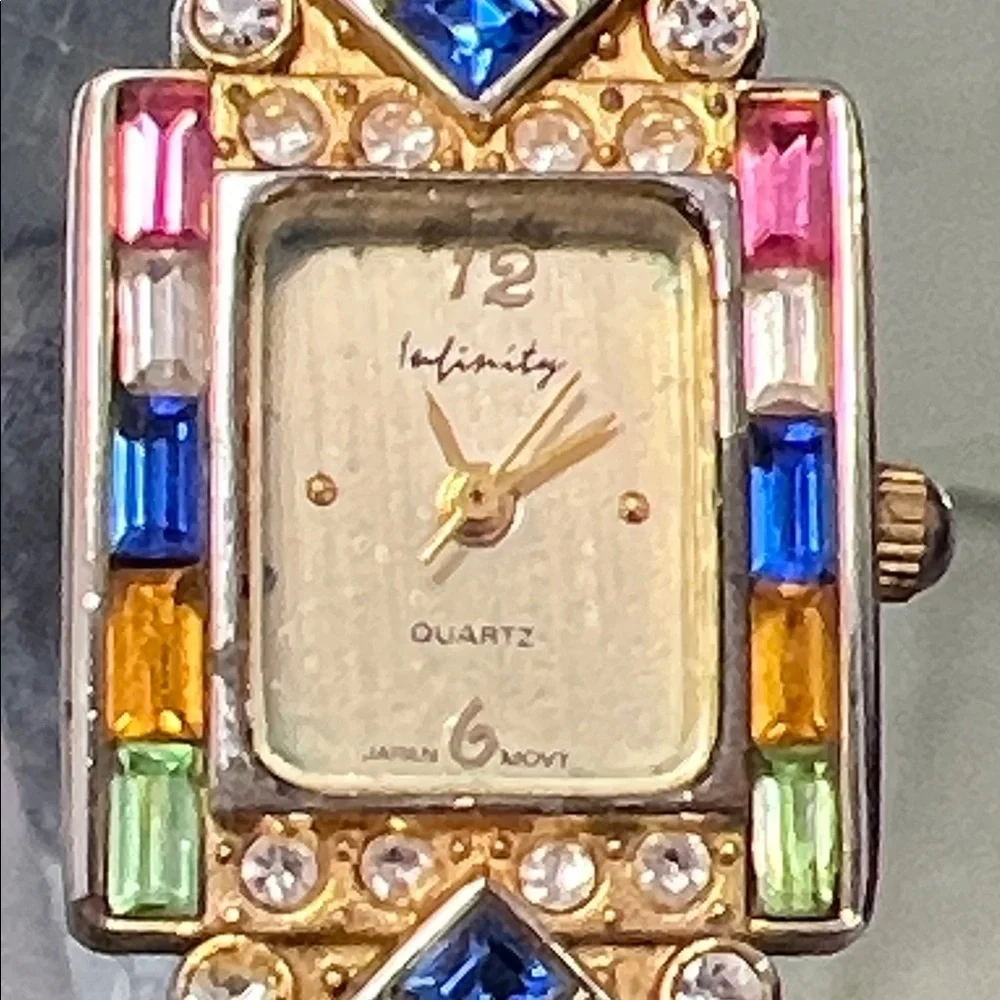 INFINITY: WOMEN'S GOLD FINISH FULL RHINESTONES SQUARE CASE LINKS ANALOGE WATCH